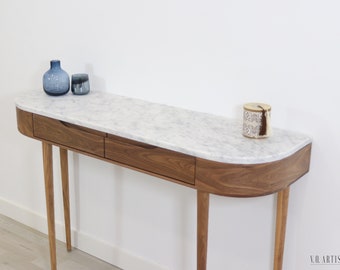Console Table with 2 drawers and 4 Legs in solid American Oak or Walnut with Marble top