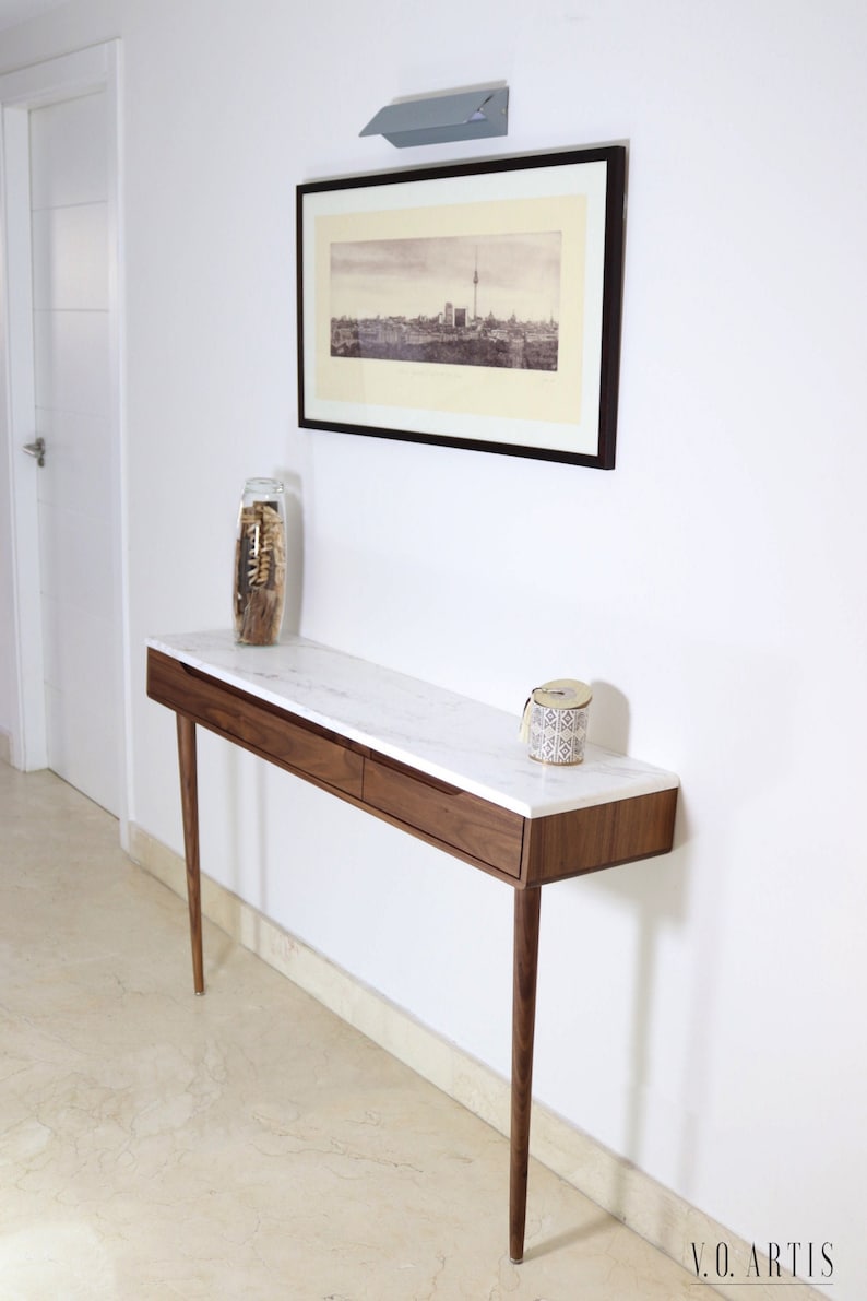 Console table with drawers in walnut or Oak and marble top image 4