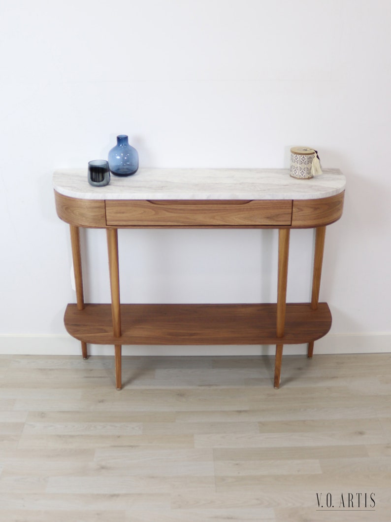 Console Table with 1 drawer, shelf and 4 Legs in solid American Oak or Walnut and Marble top image 5