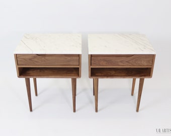 2 nightstands with marble top  in solid Oak or Walnut.