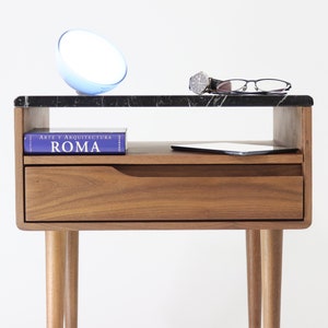 Nightstand, Bedside table, Side table with marble top, shelf and lower drawer in solid Walnut or Oak