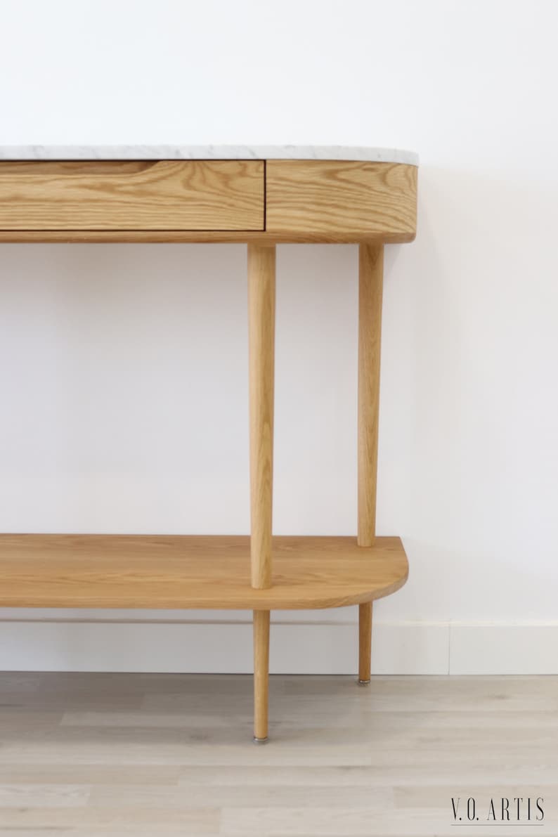 Console Table with 1 drawer, shelf and 4 Legs in solid American Oak or Walnut and Marble top Oak Type 4