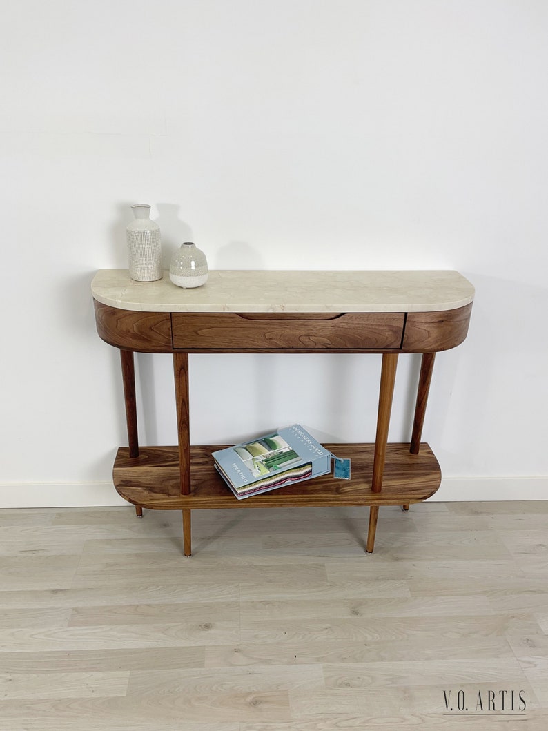 Console Table with 1 drawer, shelf and 4 Legs in solid American Oak or Walnut and Marble top Walnut Type 3
