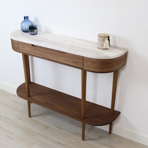 Console Table with 1 drawer, shelf and 4 Legs in solid American Oak or Walnut and Marble top image 1