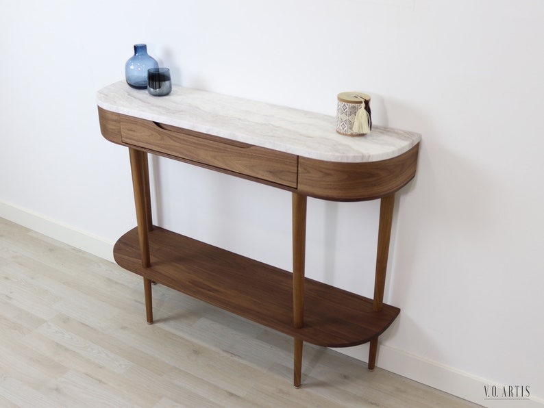 Console Table with 1 drawer, shelf and 4 Legs in solid American Oak or Walnut and Marble top image 1