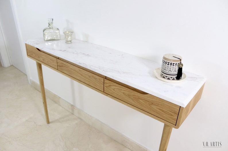 Console table with drawers in walnut or Oak and marble top image 2