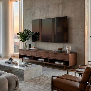 Mueble TV, Mesa TV, Consola TV, en Nogal o Roble Americano Macizo con tres cajones y estantes