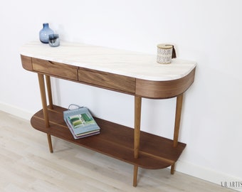 Console Table with 2 drawers, shelf and 4 Legs in solid American Oak or Walnut with Marble top