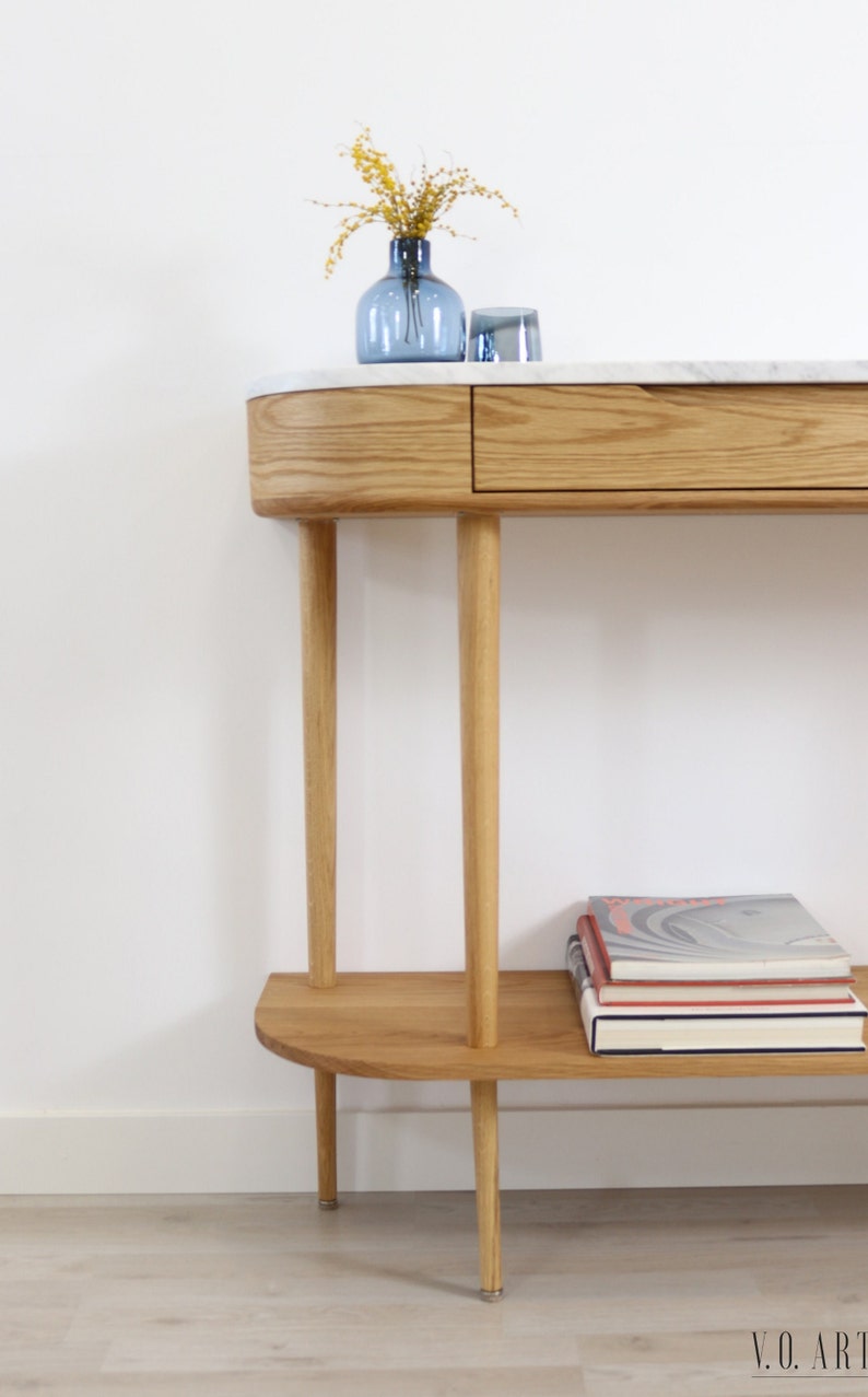 Console Table with 1 drawer, shelf and 4 Legs in solid American Oak or Walnut and Marble top image 2