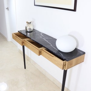 Console table with drawers in walnut or Oak and marble top image 9