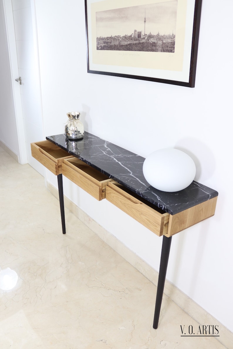 Console table with drawers in walnut or Oak and marble top image 9