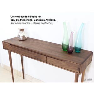 Console table with 3 drawers and 4 Legs in solid American Oak or Walnut