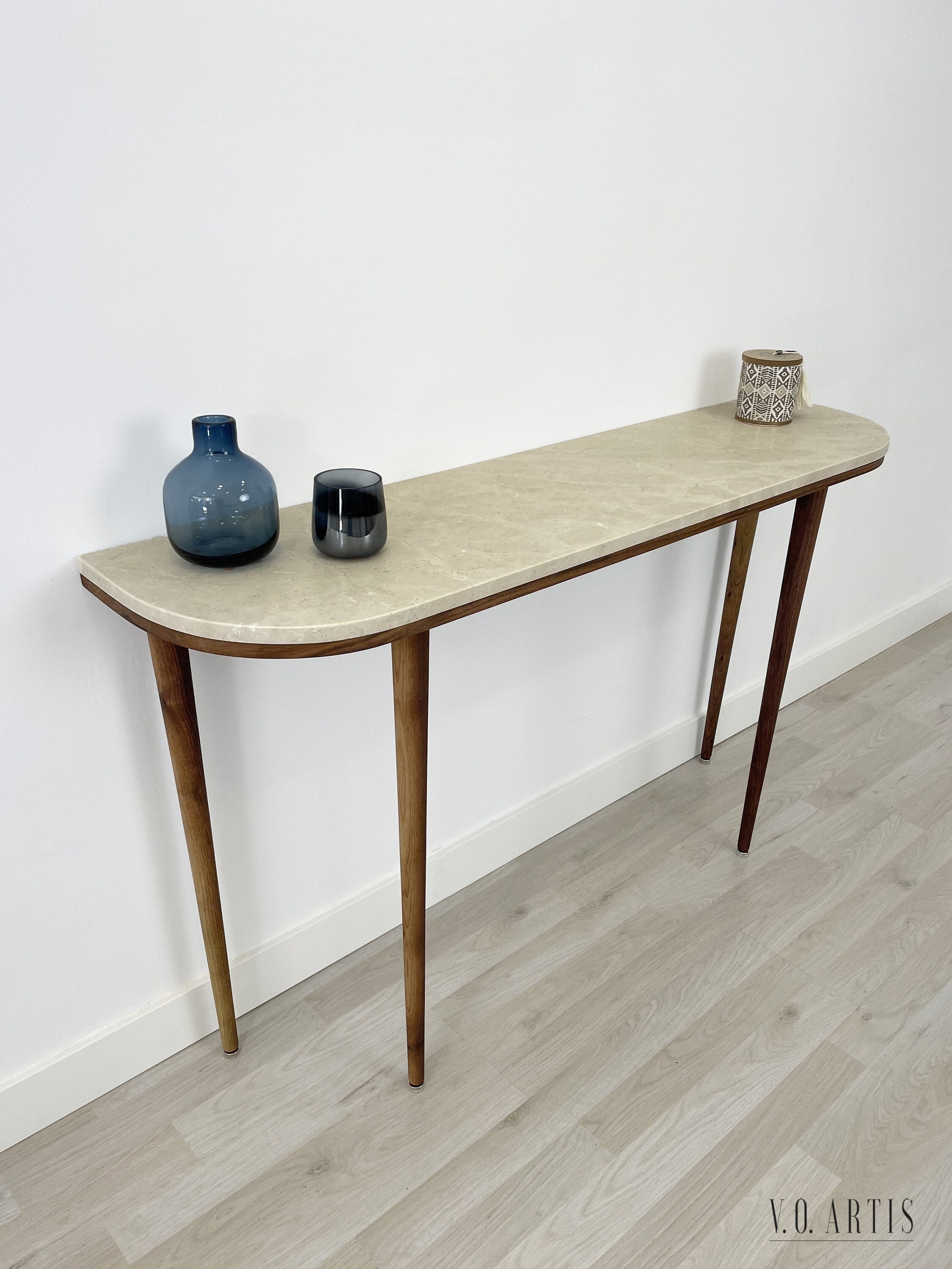 Curve console table narrow  with 4 Legs in solid American Walnut and Marble top