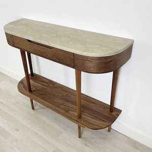 Console Table with 1 drawer, shelf and 4 Legs in solid American Oak or Walnut and Marble top image 7