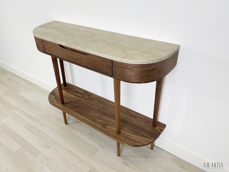 Console Table with 1 drawer, shelf and 4 Legs in solid American Oak or Walnut and Marble top image 7