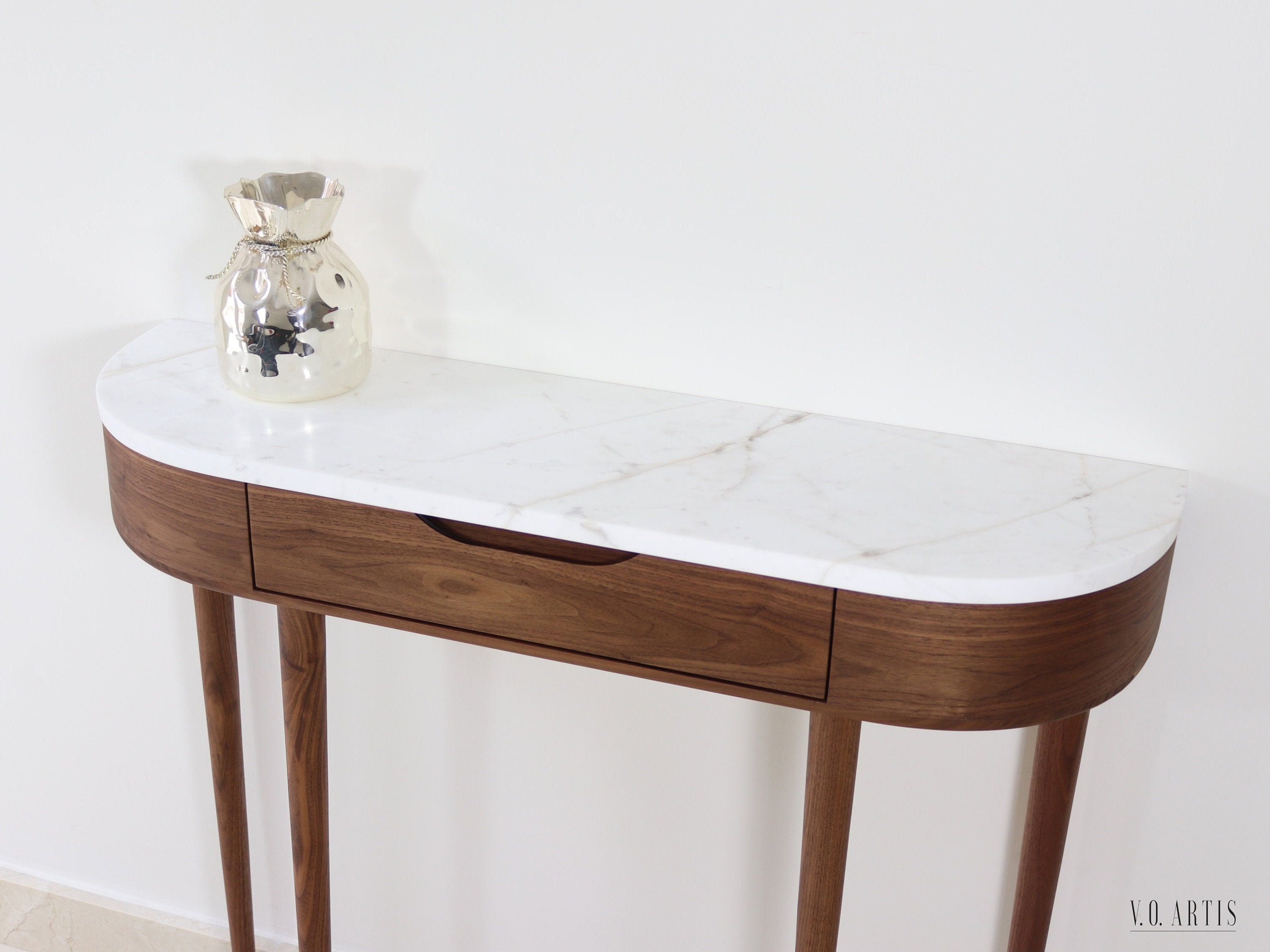 Drawer Mable Table Narrow Console Table: 1 Drawer, Marble Top, Solid American Oak/walnut ...