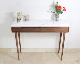 Console table in solid walnut or oak wood, and marble top