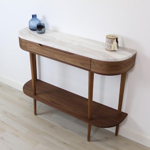 Modern Console Table in solid Oak or Walnut with low shelf and marble top