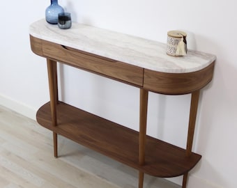 Modern Console Table in solid Oak or Walnut with low shelf and marble top