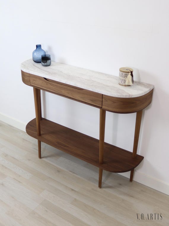 Modern Console Table in solid Oak or Walnut with low shelf and marble top