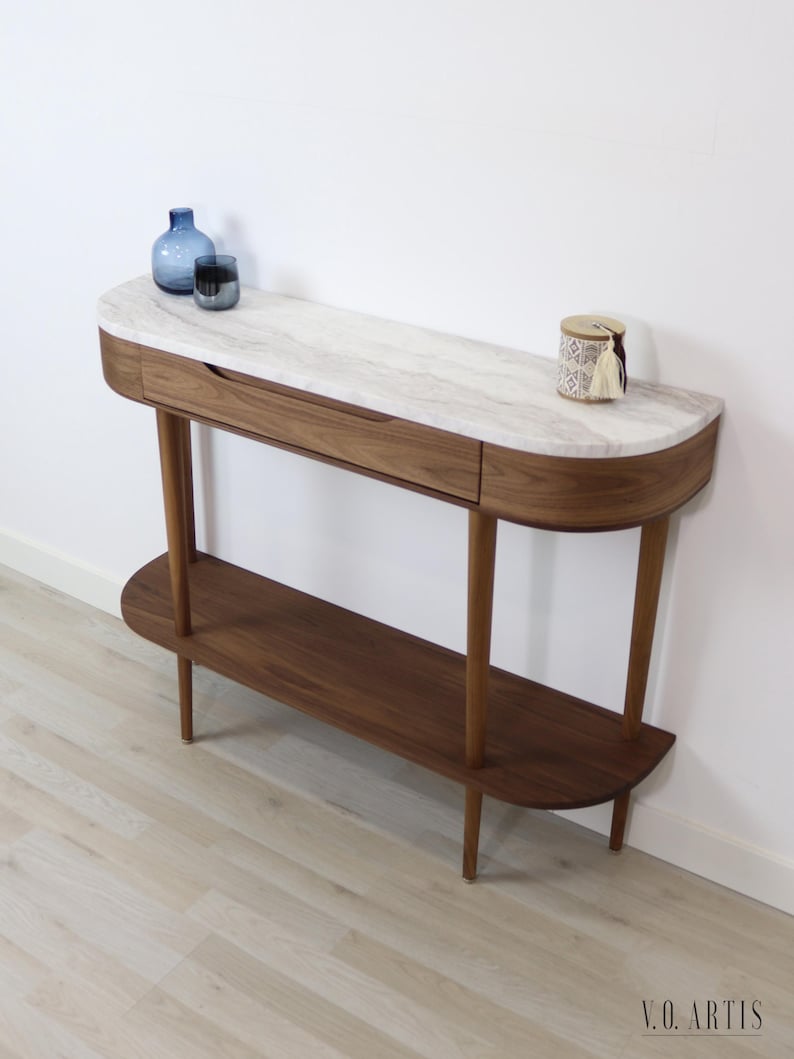 Modern Console Table in solid Oak or Walnut with low shelf and marble top image 1