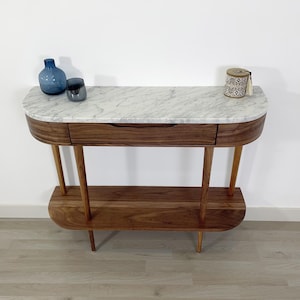 Modern Console Table in solid Oak or Walnut with low shelf and marble top image 5