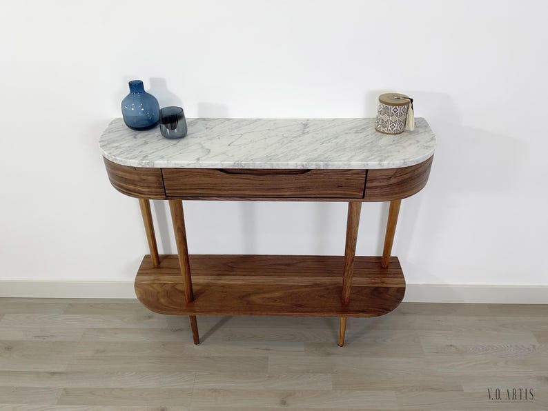 Modern Console Table in solid Oak or Walnut with low shelf and marble top image 5