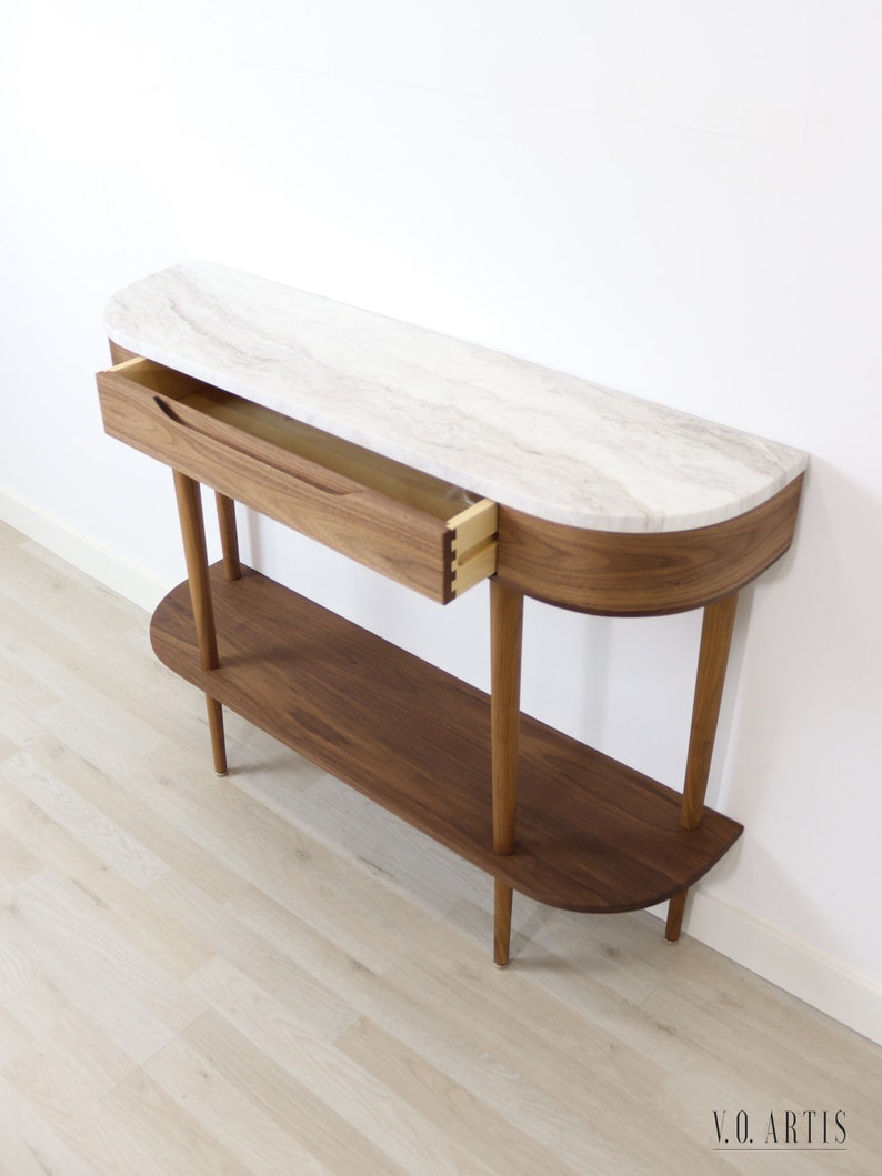 Console Table with 1 drawer, shelf and 4 Legs in solid American Oak or Walnut and Marble top image 8