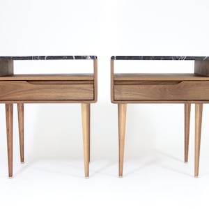 Pair  Nightstand, Bedside table, Side table with marble top, shelf and lower drawer in solid Oak or Walnut.