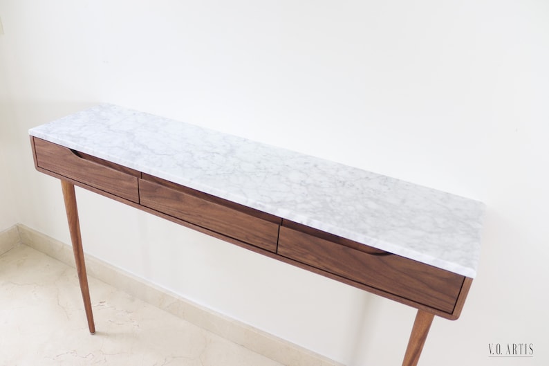 Console table with drawers in walnut or Oak and marble top image 3