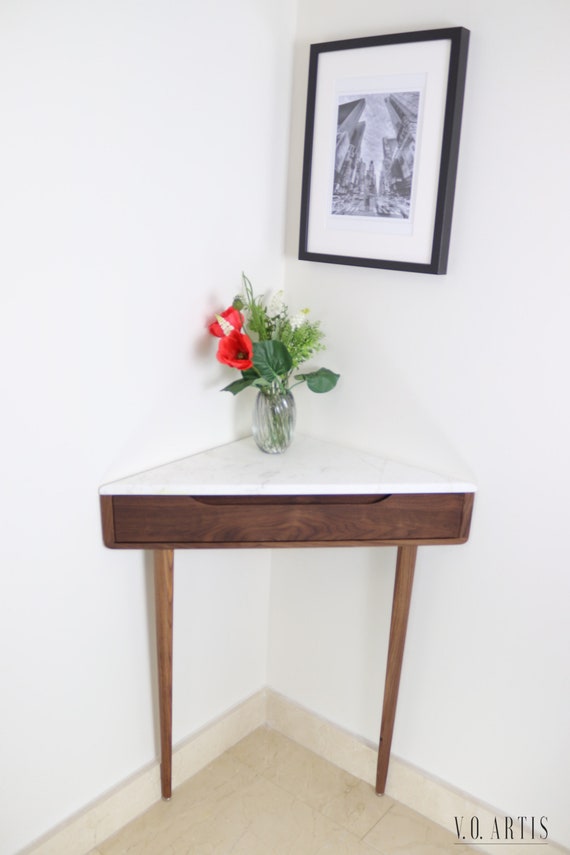 Corner Console Table in Walnut or Oak With Marble Top. Etsy UK