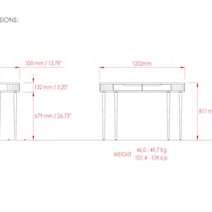 May include: Line drawing of a desk with two drawers and four legs. The desk is 46.0-49.7 kg and 101.4-109.6 p. The desk is 350 mm / 13.78 inches wide, 132 mm / 5.20 inches deep, and 679 mm / 26.73 inches tall. The desk is 1202 mm long and 811 mm / 31.93 inches high.