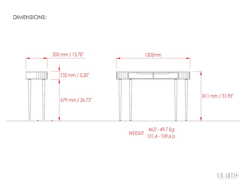 May include: Line drawing of a desk with two drawers and four legs. The desk is 46.0-49.7 kg and 101.4-109.6 p. The desk is 350 mm / 13.78 inches wide, 132 mm / 5.20 inches deep, and 679 mm / 26.73 inches tall. The desk is 1202 mm long and 811 mm / 31.93 inches high.