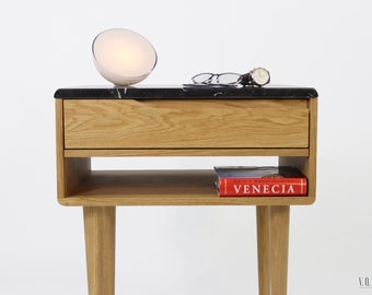Handmade Mid-Century Oak Nightstand with Marble Top