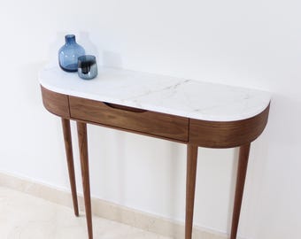 Narrow console table: 1 Drawer, Marble Top, Solid American Oak/Walnut