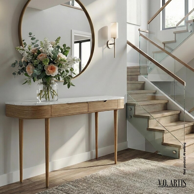 Handmade Solid Oak & Marble Entryway Console Table - Spain image 1