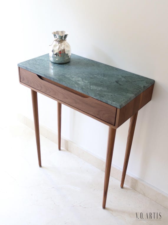 Narrow Console Table in Solid Walnut Our Oak Wood and Marble Top