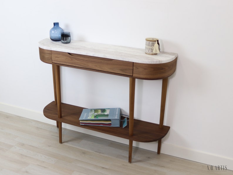 Console Table with 1 drawer, shelf and 4 Legs in solid American Oak or Walnut and Marble top Walnut Type 4
