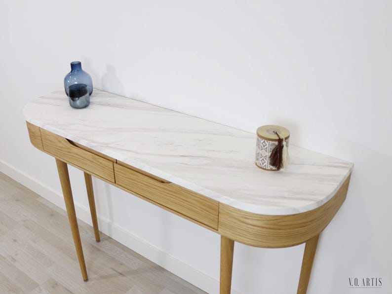 Handmade Solid Oak & Marble Entryway Console Table - Spain image 2