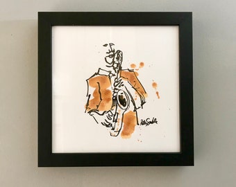 Hand coloured jazz saxophonist print, original, drawing, art, gift, musician, present, saxophone