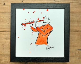 Hand coloured clarinet player print, original, drawing, art, gift, musician, present, clarinettist