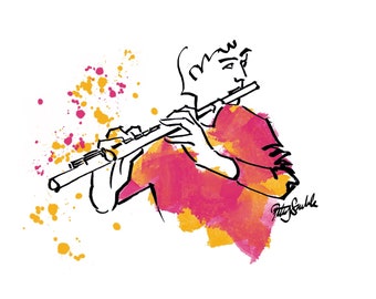 Flautist Greetings Card, Flute Player, original, drawing, art, birthday, gift, present, musician, music