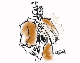 Jazz Saxophonist Greetings Card, original, drawing, art, gift, present, musician, music, birthday