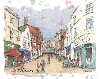 Stroud High Street, ‘Woodruffs’ greetings card, Gloucestershire, original art, Stroudie, quirky gift, present