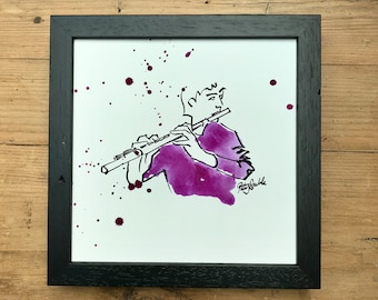 Hand coloured flute player print, flautist, original, drawing, art, gift, musician, present,