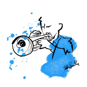 Tarjeta de felicitación de trompetista, original, dibujo, arte, cumpleaños, regalo, presente, músico, trompeta, música, jazz