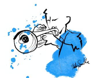 Trumpet Player Greetings Card, original, drawing, art, birthday, gift, present, musician, trumpet, music, jazz