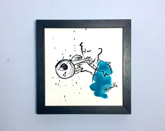 Hand coloured trumpet player print, original, drawing, art, gift, musician, present, trumpeter, jazz