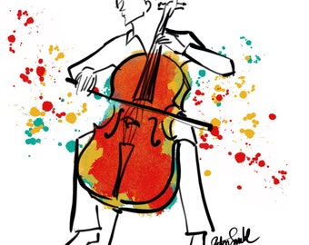 Cellist Greetings Card, original, art, birthday, gift, present, cello, musician, music