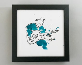 Hand coloured guitarist print, original, drawing, art, gift, musician, present, guitar,